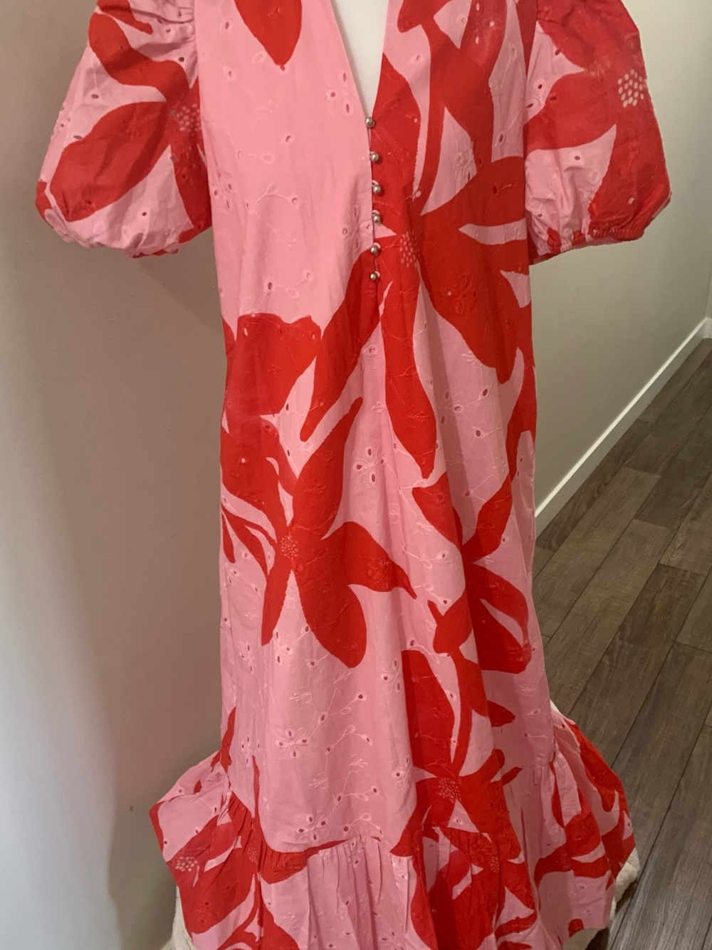 entro Pink and Red Floral Dress with Gold Logo Tag